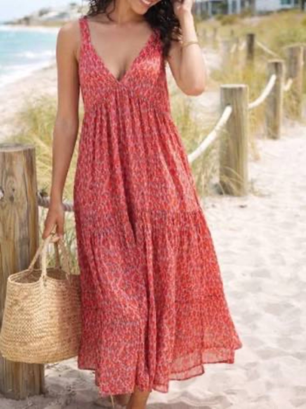 Joie Tea Rose Cotton Tiered Midi Dress, V-Neck, Size XL